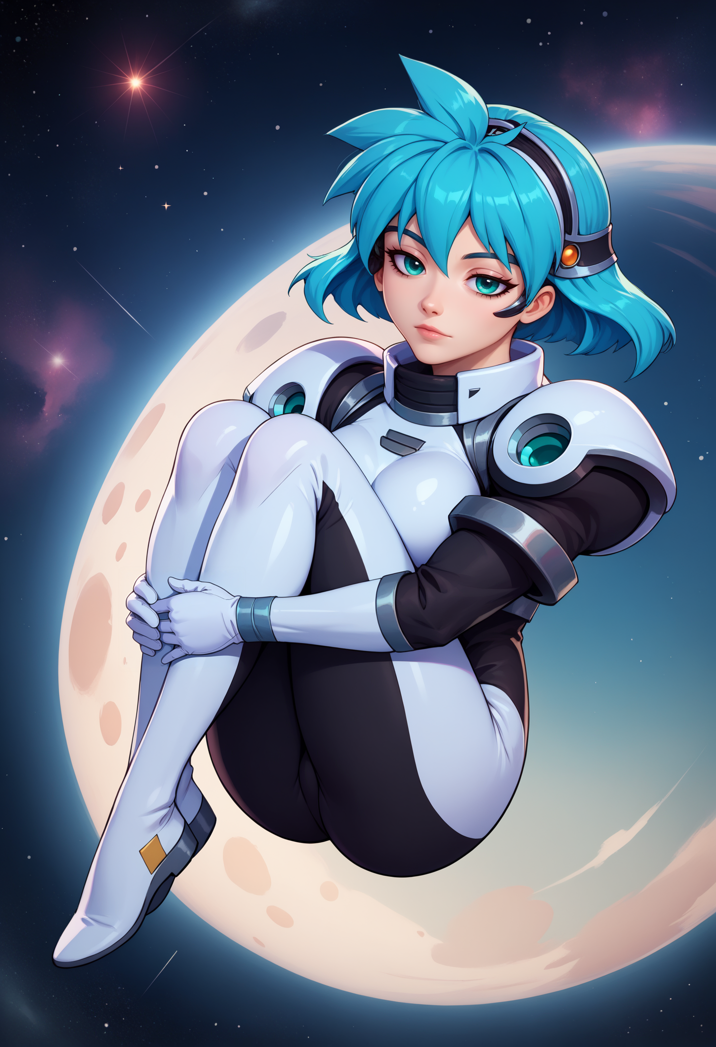 score_9, score_8_up, score_7_up, BREAK 1girl, solo, mgisb, aqua eyes, aqua hair, short hair, large breasts, <lora:MeiaGisbornPDXL_V1-Manityro-CAME:1.0>,
eyepiece, headband, two-tone bodysuit, shoulder armor, 
looking at viewer, half-closed eyes, head tilt, hugging own legs, head rest, full body, three-quarter view, 
space, stars, flying