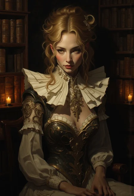 A woman seated in a dimly lit library, her golden hair elegantly styled into a bun, wearing an elaborate white ruffled collar and a fitted, leaf-patterned bodice with metallic accents. The surrounding shelves are filled with aged, leather-bound books, casting deep shadows that frame her face. The light softly illuminates her thoughtful expression, emphasizing her piercing eyes. A faint candlelight glow highlights the texture of her garments, creating a mood of mystery and intellectual intrigue.