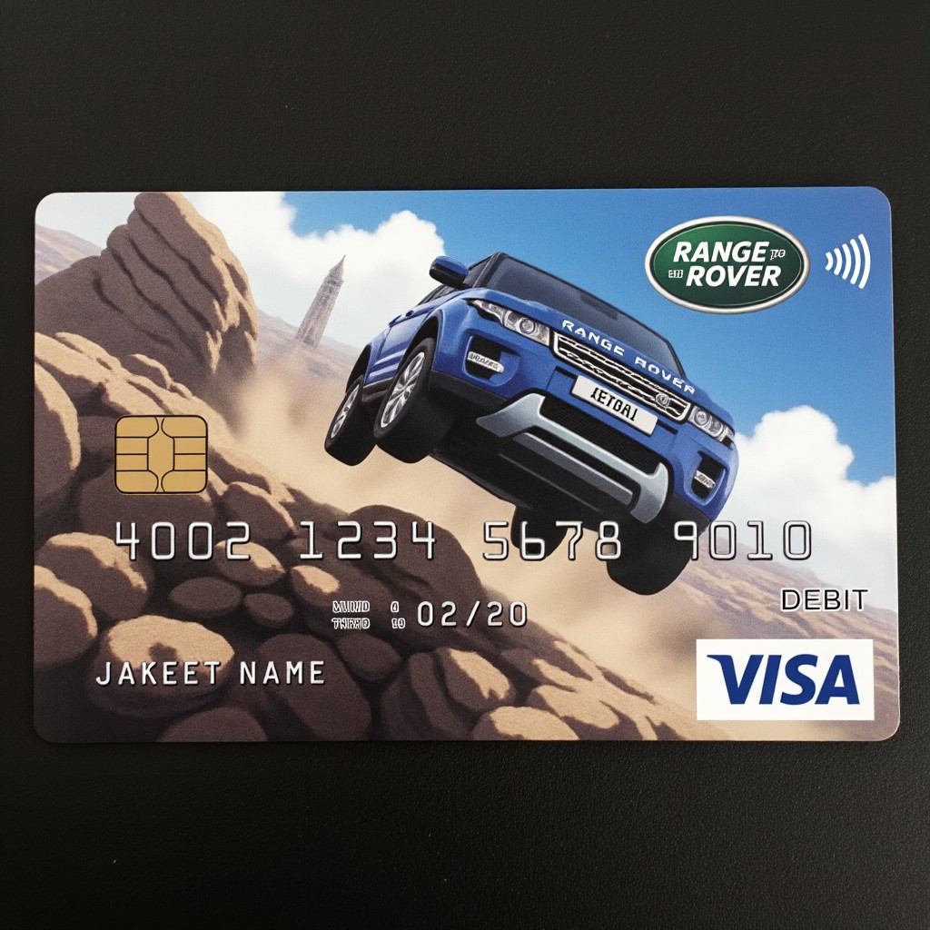 The image is a digital illustration on a custom Visa credit card, featuring an anime-style Range Rover car jumping off a cliff. The scene is dynamic, capturing the car in mid-air with intense action and motion, surrounded by dust and debris. The Range Rover is designed with sleek, futuristic lines, enhanced by bold, vibrant colors typical of anime style.
The card is laying on a black wood table, with the camera angle set at a 45-degree view from above. The table’s texture and reflections are visible, creating a realistic contrast with the intense, stylized action on the card. The car’s movement is enhanced with motion blur and exaggerated details, making it appear as if the car is leaping from the cliff with incredible speed and energy.
The card design features intricate borders and metallic accents, adding depth to the scene. The background of the image should have a sense of dramatic perspective, showing the cliff edge, distant rocks, and a blurred horizon. The colors should be vibrant, with dramatic lighting and shadows that highlight the action.