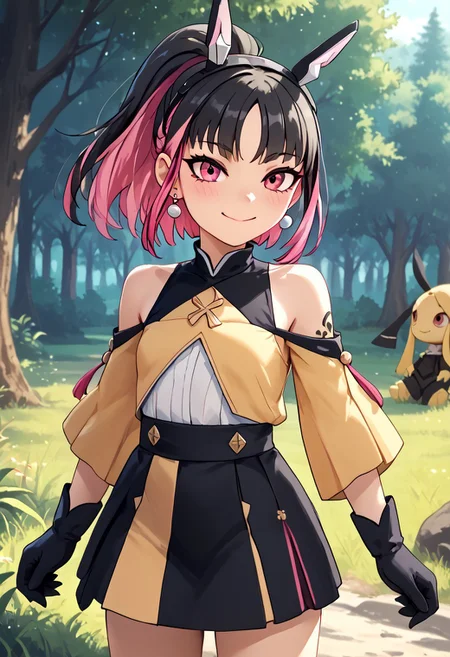 score_4,score_5,score_6,score_7_up,score_8_up,score_9 ((masterpiece,best quality,ultra detailed,highres,HD,4k:1.2)),
1 girl,solo,face focus,
mawile, human girl,,young,petite,
ponytail,black hair,blant bangs,Tactile hair,earrings,small breast,s,multicolored hair,Inner color pink hair,earrings,small breast,tattoo,black head gear,earrings,small breast,
black gloves,skirt,shirt,Exposed shoulders, exposed upper arms, jewelry,
outdoors,in the forest,day,
standing,
smile,.blush,light smile,