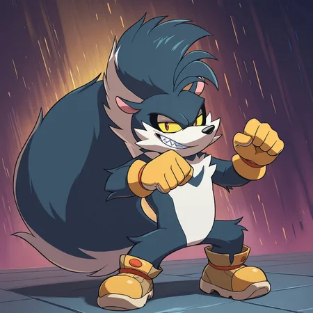 Rough, 1boy, 2d, solo, Male, anthro, skunk, animal ears, furry, furry male, big tail, yellow sclera, pink inner ears, red pupils, black nose, yellow gloves, yellow and brown boots, long mohawk, blue and white fur, v-shaped patch on chest
BREAK evil grin, sharp teeth, standing, abstract background, looking at viewer, best quality, amazing quality, very aesthetic, absurdres, newest, masterpiece
