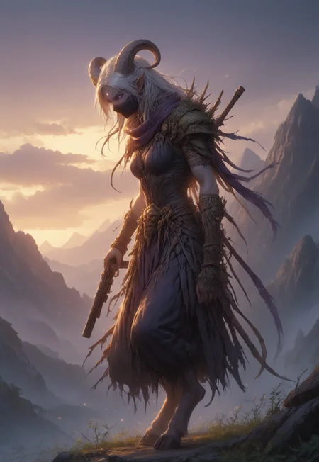 (absurdres, best quality, masterpiece:1.4), score_9, score_8_up, score_7_up, score_6_up, detailed, detailed body, detailed face, world of warcraft, fantasy, <lora:add-detail-xl:1.5>,
fFaceDetail, SkinDetail, ((female, draenei, tall, athletic arms, pale white skin, smooth skin, long white hair, purple eyes, no pupil, no sclera, long white tail), (h0rns, ram horns, white horns),
(long fingers, purple fingernails, purple nail polish)),
(long loose purple dress, simple armlet, black facemask, purple silk scarf), GunMonk, shotgun, holding shotgun,
full body, side view
outdoor, evening, mountains,