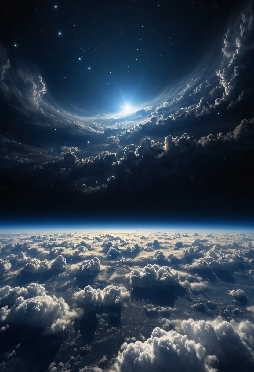 Vast (dark space:1.3) filled with (glowing small star:1.2), POV from (flat sheet of clouds:1.3), a (huge planet:1.) dominating one side, covering half of the image, cosmic wonder, ethereal, deep space, by (Ansel Adams:1.4), high contrast, dramatic lighting, surreal atmosphere.