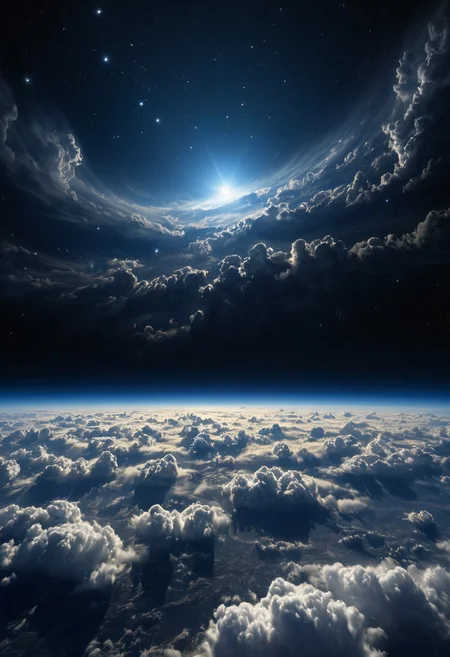 Vast (dark space:1.3) filled with (glowing small star:1.2), POV from (flat sheet of clouds:1.3), a (huge planet:1.) dominating one side, covering half of the image, cosmic wonder, ethereal, deep space, by (Ansel Adams:1.4), high contrast, dramatic lighting, surreal atmosphere.