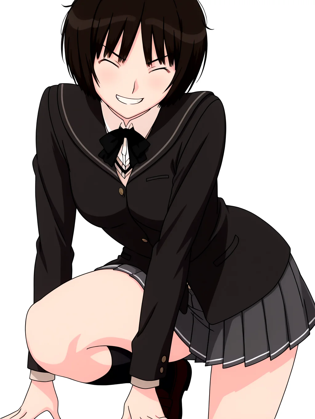 best quality,masterpiece,anime screencap,simple background,solid white background,
1girl,solo,
looking at viewer,
<lora:IL-AMAGAMI-TACHIBANA-MIYA-09:1>,il-tachibana-miya,amagami,kibito high school uniform,1girl,school uniform,solo,jacket,sweater vest,bowtie,pleated skirt,black socks,loafers,
closed eyes,v-shaped eyebrows,grin,