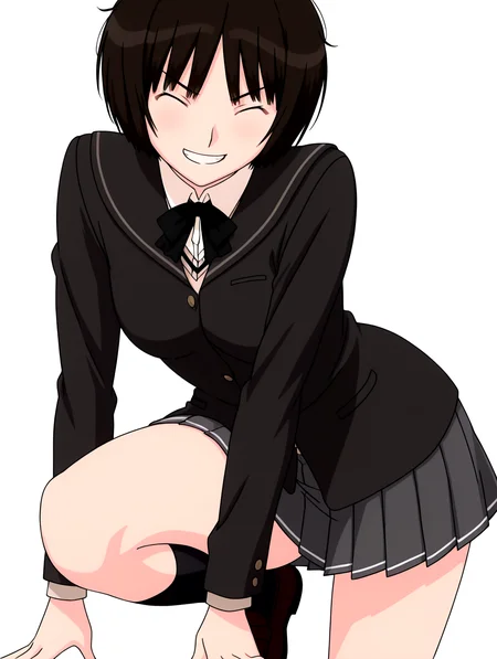 best quality,masterpiece,anime screencap,simple background,solid white background,
1girl,solo,
looking at viewer,
<lora:IL-AMAGAMI-TACHIBANA-MIYA-09:1>,il-tachibana-miya,amagami,kibito high school uniform,1girl,school uniform,solo,jacket,sweater vest,bowtie,pleated skirt,black socks,loafers,
closed eyes,v-shaped eyebrows,grin,
