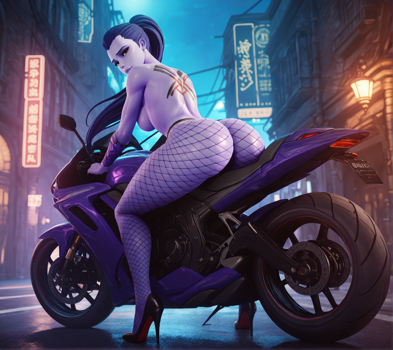 masterpiece, best quality,detailed background, 3d, realistic, f0rceb4llfx, 1girl, widowmaker, purple skin, back tattoo, fishnet_pantyhose, fishnets, high heels, topless, skindentation, soft body, outside, street, on motorbike, looking_at_viewer, night, dim lighting, <lora:ForceballfxIL:0.8>