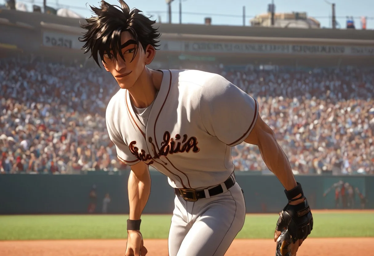 1boy, solo, male focus, toned male, black hair, messy hair, spiky hair, messy hair, satisfaction, satisfied, closed, mouth, neutral,
baseball outfit, belt pants, looking at viewer, smile, sweaty, sweating, drenched in sweat, towel, soda can, refreshing
rating PG, score_9,score_8_up,score_7_up, source_anime, male focus, Muscular,
big thigh, big thigh, big chest, hung, manly, tall, detailed eyebrow, sharp eyebrows, focus on thigh, hairy thigh, thigh focus, random view