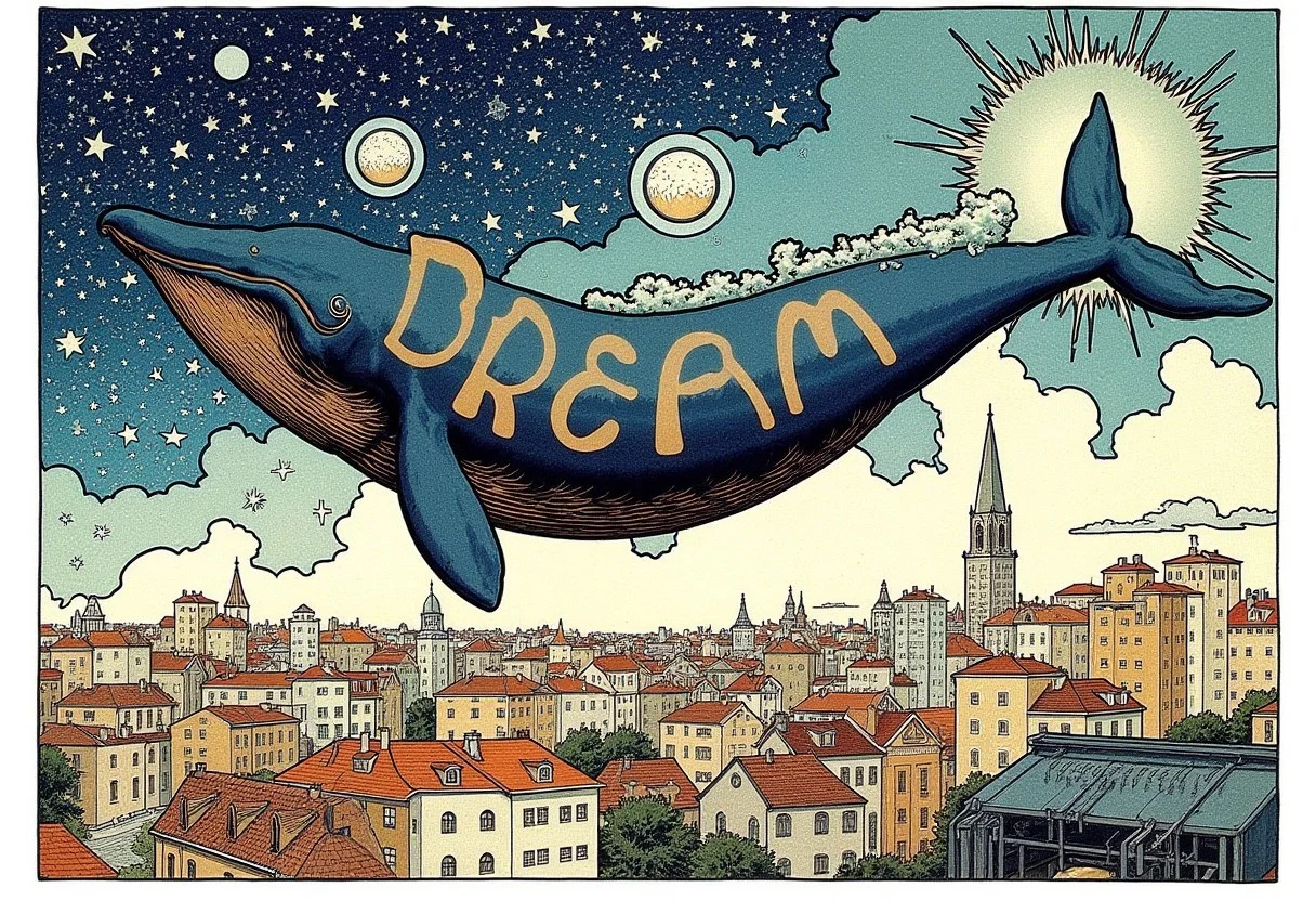 Surreal whale floating above city rooftops, poster with the text “DREAM”, visual flourishes of stars and mist around the whale, illustration in the style of ARTNV