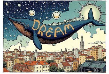 Surreal whale floating above city rooftops, poster with the text “DREAM”, visual flourishes of stars and mist around the whale, illustration in the style of ARTNV