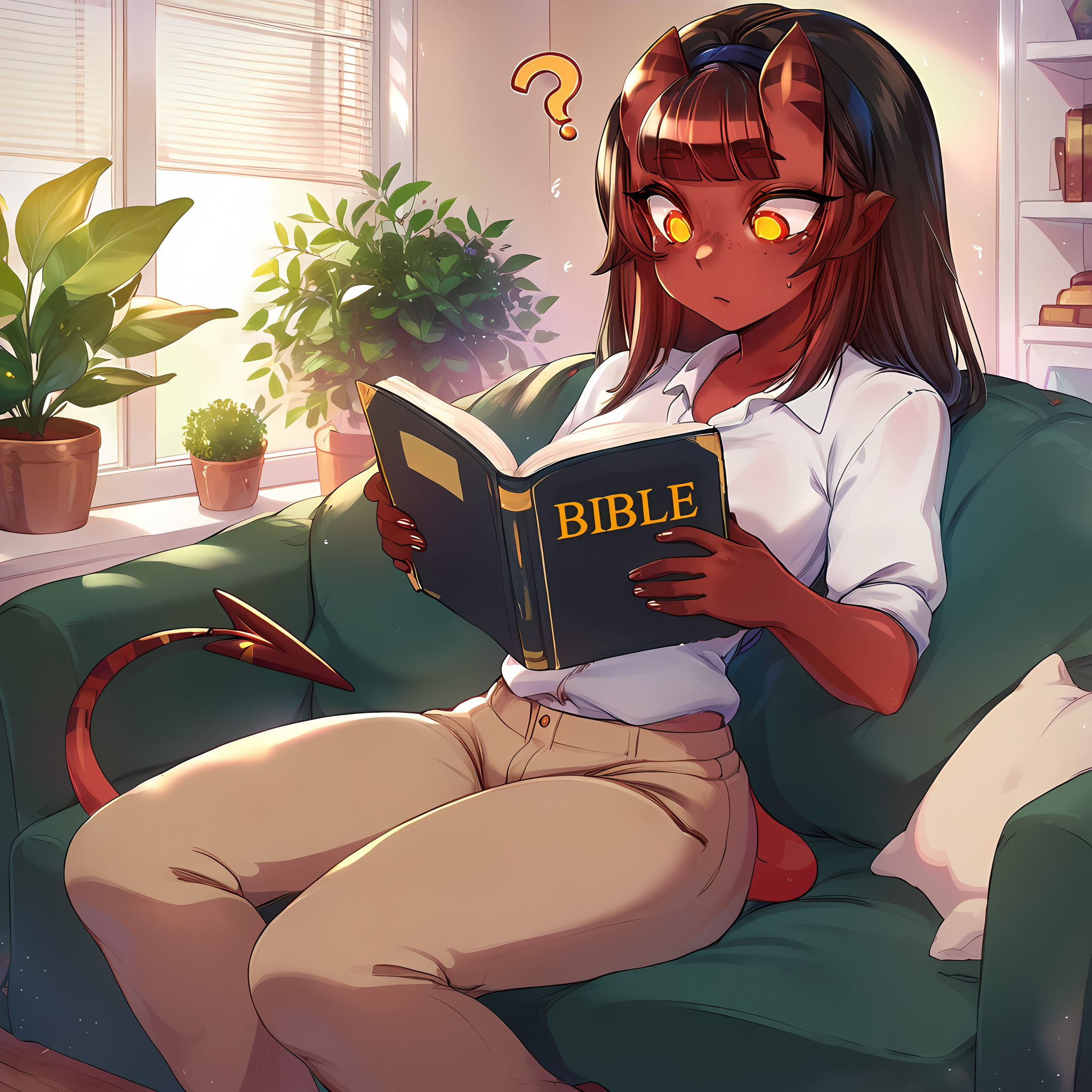score_9, score_8_up, score_7_up, masterpiece, source_anime, <lora:Merunyaa_merunyaa.xyz_Artstyle_Revised_PonyXL:1> ,merunyaa, meru, demonic tail, medium breasts, 1girl, solo, living room, sitting on couch, reading bible:0.4, white shirt, pants, confused,?,toys, plants, day, looking at book