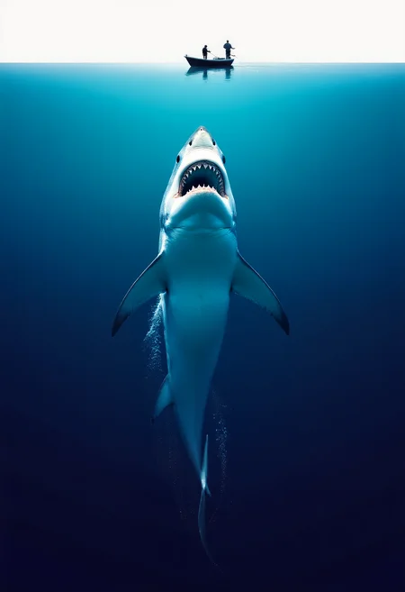 A minimalist composition divided perfectly into 2: the top half is a calm and idyllic scene: a small boat with two fishermen swaying gently in calm waters, bathed in soft, diffused light. The bottom half reveals the terrifying secret of the blue depths of the sea: a huge prehistoric shark, a relic from the age of dinosaurs, rising vertically from the shadowy abyss of the blue ocean. Just before emerging from the water his enormous jaws open wide, teeth gleaming in the murky water, as turbulent streaks of bubbles and trails of water explode behind him, capturing his incredible speed and power. The stark division between calm above and chaos below heightens the sense of impending doom.