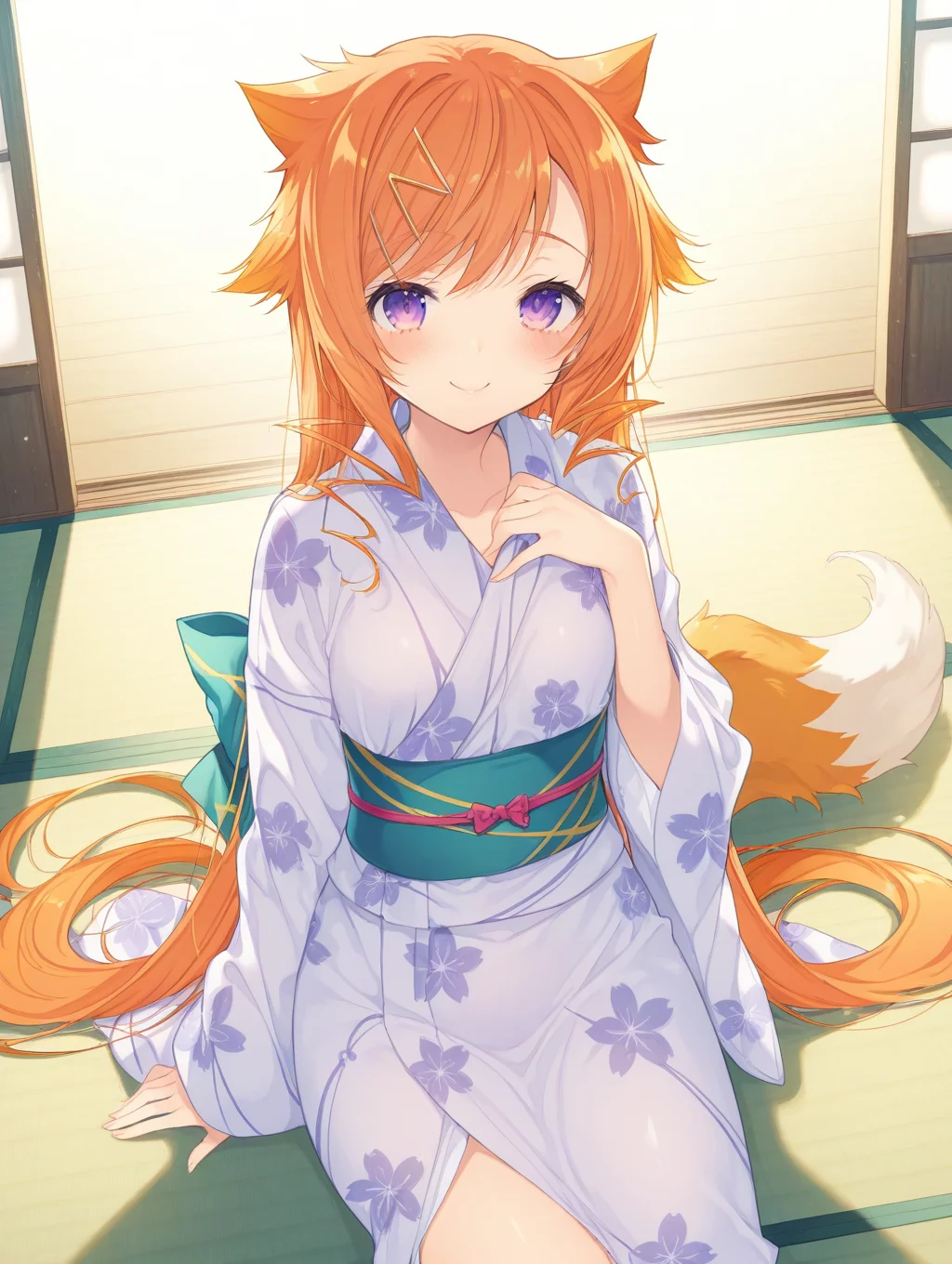 (masterpiece,best quality,ultra_detailed,highres,absurdres:1.2,amazing quality,very aesthetic),<lora:Bihou Shihou&Bijiku Shichuu_ilxl_v1-000010:0.8>,1girl, solo, purple eyes, hair ornament, smile, orange hair, tail, blush, looking at viewer, very long hair,yukata, bihou shihou \(Koihime Musou\),tatami, sitting, (artist:kurumi \(recycllamo\):0.95), artist:mika pikazo, artist:kazutake hazano, (artist:kedama milk:0.95), (artist:ask \(askzy\):0.95), artist:wanke, artist:fujiyama,