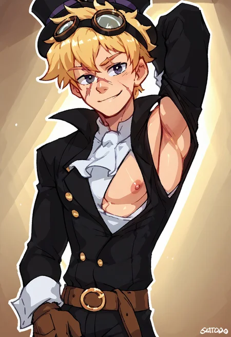 score_9, score_8_up, score_7_up, source_anime, <break> upper body, male, SABO, male focus, 1boy, blonde hair, solo, smile, looking at you, sideboobpeek, one breast out, presenting armpit, clothes pull, pulled by self, gloves, ascot, scar, pants, hat, goggles, coat, belt, goggles on headwear, short hair, top hat, shirt, scar on face, brown gloves, black headwear, open clothes,sideboobpeek, one pec out, arm up, presenting armpit, clothes pull, pulled by self, boots, open coat, white ascot, black coat, long sleeves, nipples, spotlight
<segment:yolo-face_yolov8m.pt,0.4,0.5//cid=1>
thick outline, black outline,