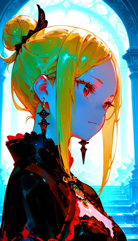 (masterpiece, best quality), amazing quality, very aesthetic, absurdres, highres, newest, HDR, 8K, high detail RAW color art, intricate details, high contrast, detailed background, large pupil, eyelashes, shiny skin,
1girl, Priscilla Barielle, re:re:zero kara hajimeru isekai seikatsu, red eyes, yellow hair, hair bun, sidelocks, jewelry, earrings, <lora:748cmSDXL:0.8> <lora:薄塗り:0.45> <lora:ponyv5_noobV065S_1:0.7>, <lora:spo_sdxl_10ep_4k:0.6>, <lora:GBF_Illustrious:0.4>