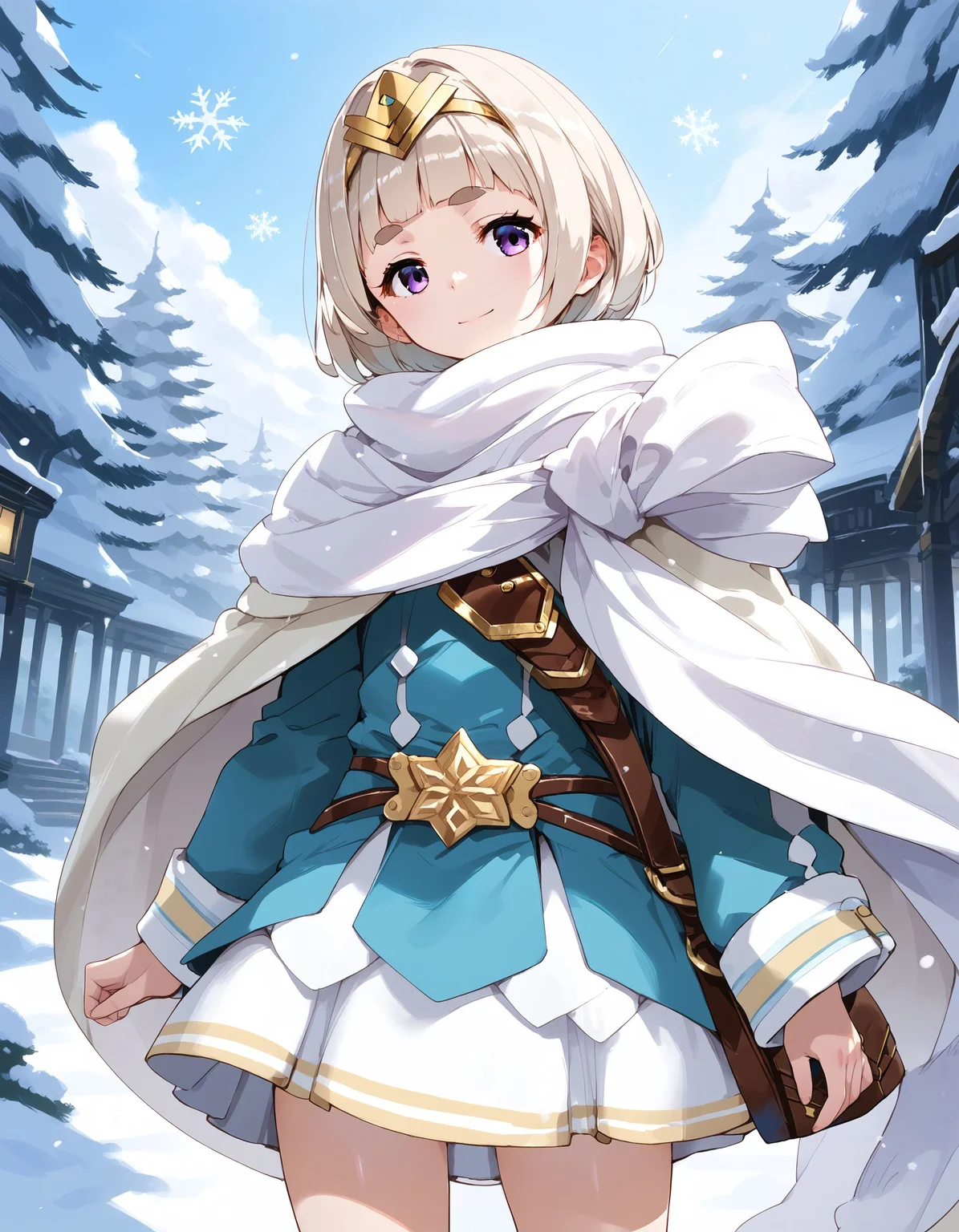 score_9, score_8_up, score_7_up, score_6_up, BREAK source_anime, best quality, masterpiece,
1girl,<lora:ylgr fehPonyXL:0.8>,ylgr feh,tiara,cape,scarf,dress,brown shoulder bag,multiple belts,cowboy shot,standing,smile,looking at viewer,snow,snowflakes