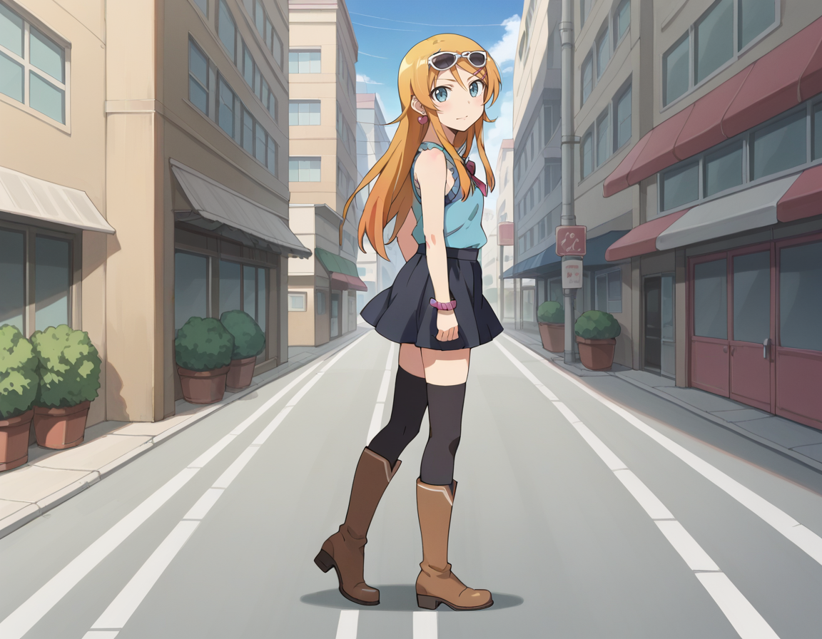 score_9, score_8_up, score_7_up, score_6_up, score_5_up, score_4_up, source_anime, anime screencap, BREAK 1girl, solo, walking, from side, looking at viewer,  outdoors, street, tokyo, 
<lora:Kousaka_Kirino_Pony:1> kousaka_kirino, orange hair, long hair, blue eyes, hairclip, kirino_out, blue top, sleeveless, sunglasses, eyewear on head, earrings, black skirt, black thighhighs, frills, brown boots, knee boots, zettai ryouiki,