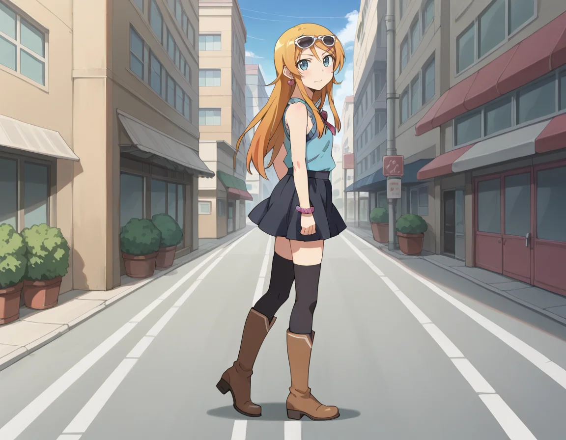 score_9, score_8_up, score_7_up, score_6_up, score_5_up, score_4_up, source_anime, anime screencap, BREAK 1girl, solo, walking, from side, looking at viewer, outdoors, street, tokyo,
<lora:Kousaka_Kirino_Pony:1> kousaka_kirino, orange hair, long hair, blue eyes, hairclip, kirino_out, blue top, sleeveless, sunglasses, eyewear on head, earrings, black skirt, black thighhighs, frills, brown boots, knee boots, zettai ryouiki,