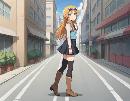 score_9, score_8_up, score_7_up, score_6_up, score_5_up, score_4_up, source_anime, anime screencap, BREAK 1girl, solo, walking, from side, looking at viewer,  outdoors, street, tokyo, 
<lora:Kousaka_Kirino_Pony:1> kousaka_kirino, orange hair, long hair, blue eyes, hairclip, kirino_out, blue top, sleeveless, sunglasses, eyewear on head, earrings, black skirt, black thighhighs, frills, brown boots, knee boots, zettai ryouiki,