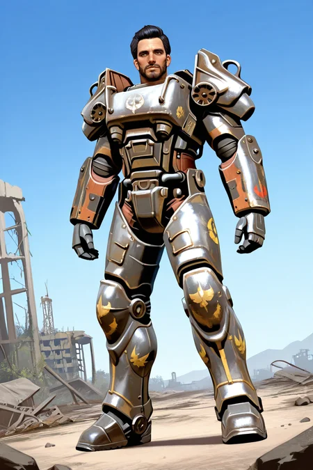 perfect anatomy, perfect proportions, best quality, masterpiece, high_resolution, high quality, best aesthetic, incredibly absurdres, highres, extremely detailed, huge filesize, solo male, adult, mature, masculine, manly, handsome, charming, alluring, full body, dutch angle, cowboy shot, perfect face, source_game \(Fallout 4\), official style \(Fallout 4\), Danse \(Fallout 4\), FO4Danse , black hair, short hair, light brown eyes, facial hair, beard, Danse_Outfit02, (T-60 power armor \(Fallout 4\), power armor), dynamic angle, Fallout 4 location, post-apocalyptic ruins, desolated landscape, dark blue sky