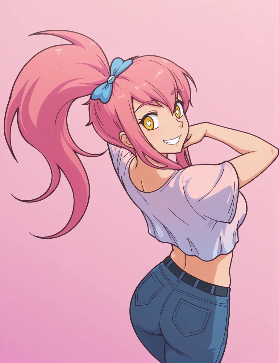 2d, official artstyle, masterpiece, detailed, best quality, BREAK, 1girl, solo, sunnyofspades, pink hair, ponytail, hair bow, yellow eyes, heart-shaped pupils, crop top, jeans, breasts, smile, teeth, dynamic angle, dynamic shot, dynamic pose, ((looking back at viewer)), from behind, from above, back, butt, cute pose, cowboy shot, thighs, <lora:sunnyofspades-000008:0.9>
