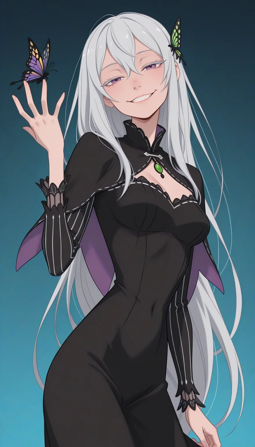 Disney_Il5.0, ((echidna re:zero)), 1girl, black capelet, black dress, breasts, bug, butterfly, butterfly hair ornament, capelet, dress, evil smile, grey hair, grin, hair between eyes, hair ornament, half-closed eyes, hand up, head tilt, insect, long hair, long sleeves, looking at viewer, medium breasts, parted lips, patterned background, purple eyes, smile, solo, spread fingers, standing, striped sleeves, masterpiece, best quality, ultra-detailed, highest quality, official art, latest, very awa, very aesthetic, detailed shading, (detailed background, complex background), amazing quality, intricate, hyper-detailed, excellent, absurdres, latest,