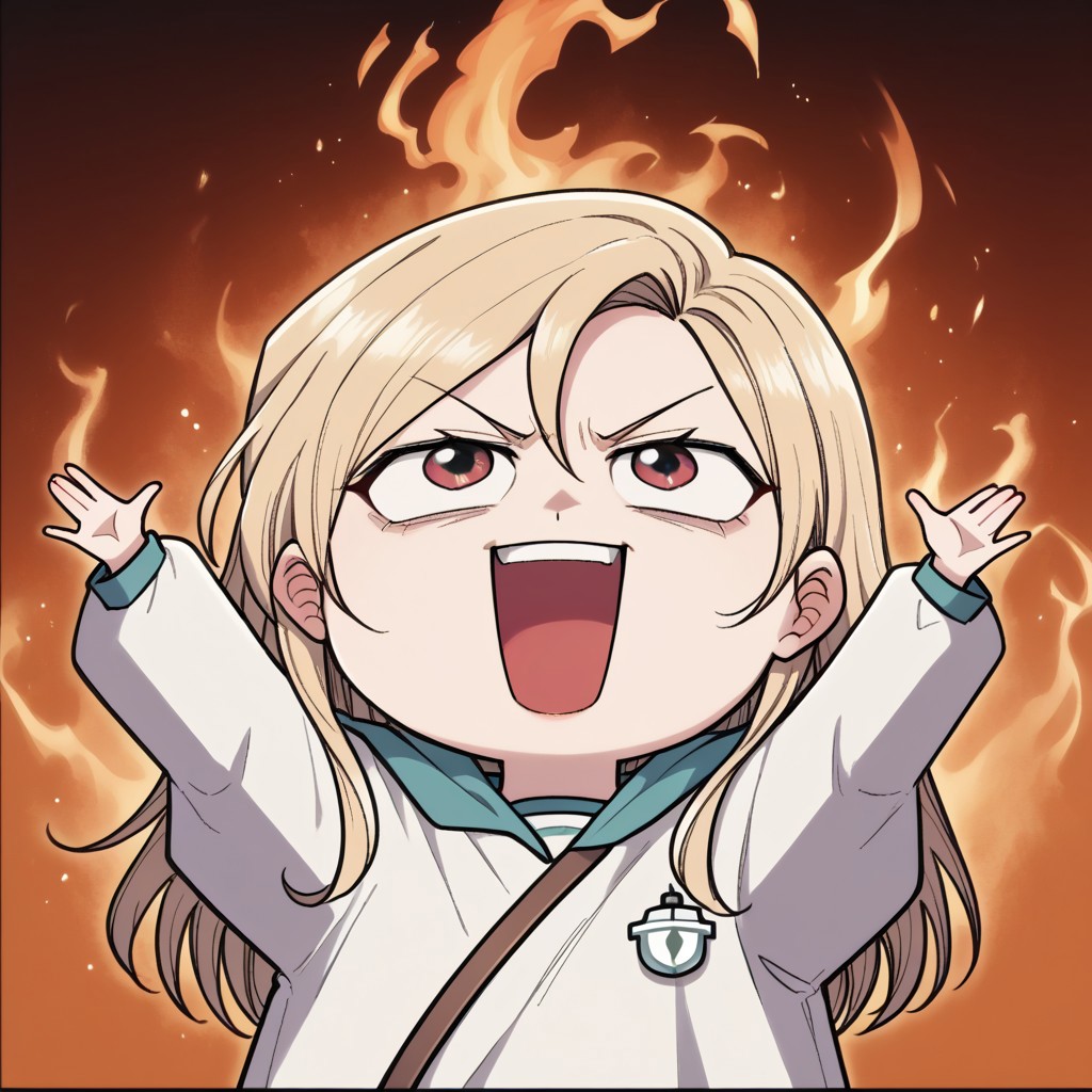 zPDXL3, score_9_up, score_8_up, score_7_up, (Anime_source), 1girl, arms up, fire, outstretched arms, upper Body, burning, (chibi), LeeHaemi, amber eyes, light blonde hair, long hair, doctor clothes, open mouth, evil laugh
