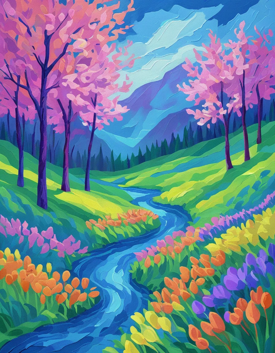 spring landscape <lora:novuschroma50 style_4:.6> novuschroma50 style