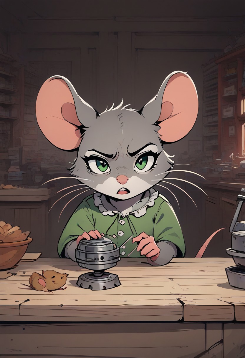 score_9, score_8_up, score_8, (solo), (fluffy:0.5), furry, (feral), indoors, (((mouse))), female, green eyes, grey fur, deep grey ears, small paws, (fluffy cheeks:0.4), frilly shirt, (cute), large eyes, in the style of beatrix potter, zzCitronCAT, (close up, upper body shot), (leaning:1.5), (open mouth), shop, clutter, stuff, (strange arcane device:1.3), village, paperwork, (bored expression:1.5), (annoyed expression:1.3),