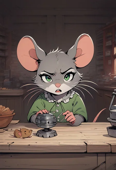 score_9, score_8_up, score_8, (solo), (fluffy:0.5), furry, (feral), indoors, (((mouse))), female, green eyes, grey fur, deep grey ears, small paws, (fluffy cheeks:0.4), frilly shirt, (cute), large eyes, in the style of beatrix potter, zzCitronCAT, (close up, upper body shot), (leaning:1.5), (open mouth), shop, clutter, stuff, (strange arcane device:1.3), village, paperwork, (bored expression:1.5), (annoyed expression:1.3),