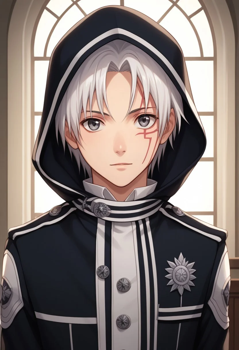 score_9, score_8_up, score_7_up, source_anime, highly detailed,
allenwalker, solo, 1boy, male focus, looking at viewer, grey eyes, white hair, coat, long sleeves, facial mark, exorcist uniform, hood, gloves, white gloves, upper body, slender, skinny
indoor, window, curtain, plant. night