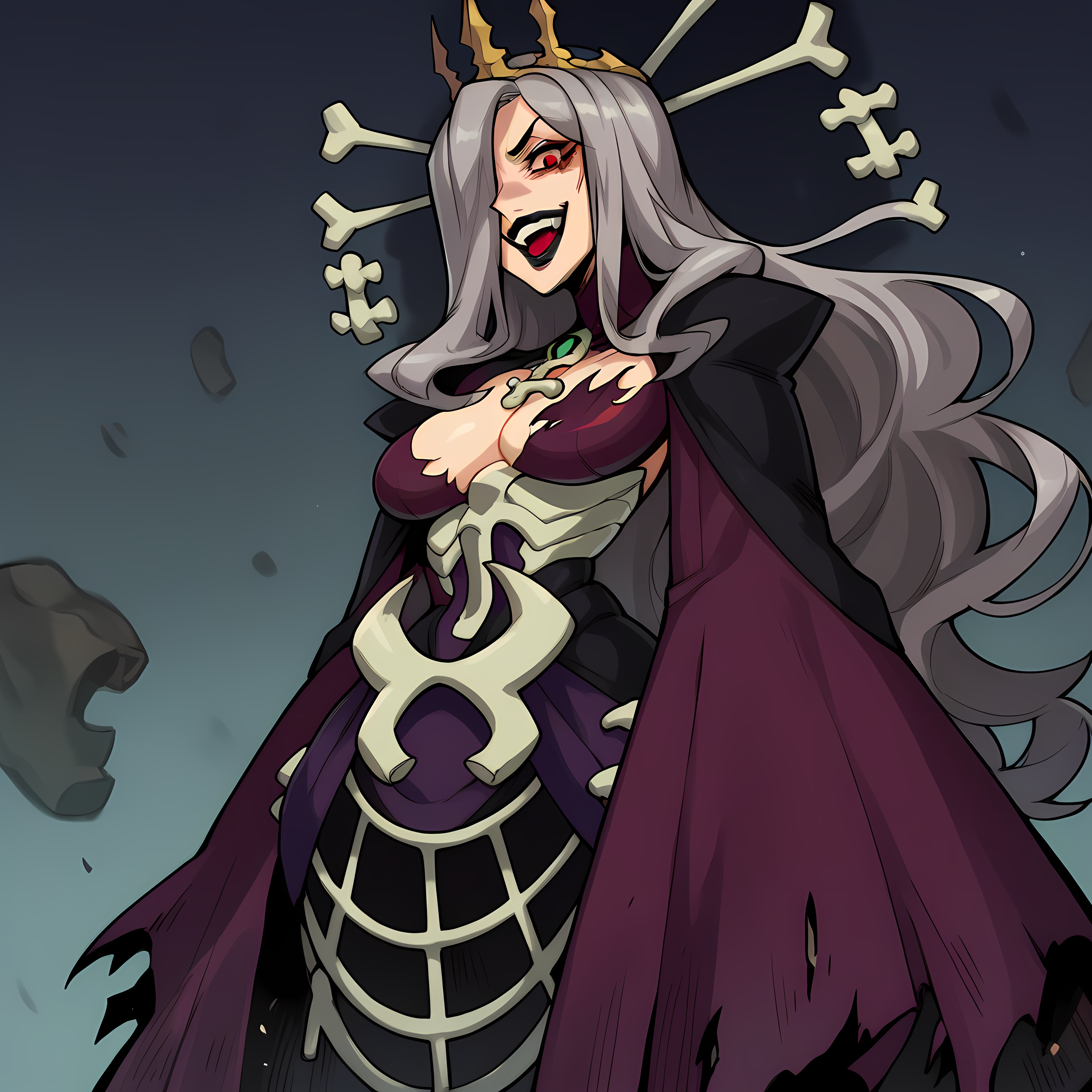 score_9,score_8_up,score_7_up,score_6_up,source_anime,rating_questionable,solo, 1girl,  <lora:Queen_Nancy_-_Skullgirls:0.8> QueenNancy,long hair, hair over one eye,red eyes, grey hair, bone crown,torn purple dress, black lipstick, evil laugh, destroyed throne,, zPDXL2,