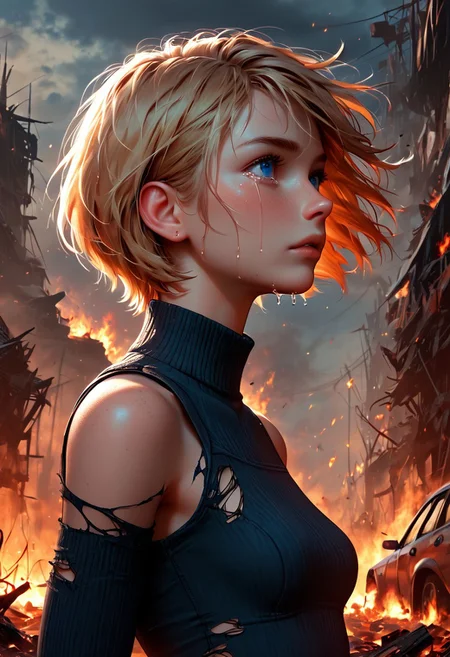 1girl, Masterpiece, 4k, ultra high detail, score_9, score_8_up, score_8, 18yo, petite, medium breast, short blonde hair, fcNeg, stunning blue eyes, freckles, white skin, small nose, innocent beauty, slim face, skinny petite body,
Torn sport clothes
Dark sky, burning sky, nighttime, night,
Fear in her eyes, crying,
Sideview, Apocalyptic scene, burning skyscraper, burning city, derstroyed cars, a huge asteroid swarm in the sky,
Many asteroids in the sky,
End of the World,
negative_hand, NightScapes,