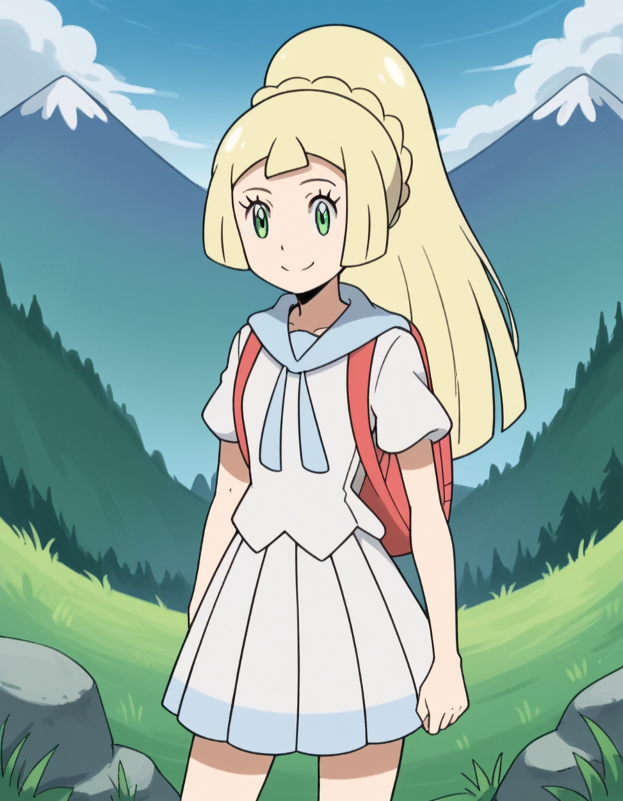 score_9, score_8_up, score_7_up, source_anime, <lora:pokemon-lilie-anime-ponyxl-lora-nochekaiser:1>, lillie \(pokemon\), blonde hair, blunt bangs, green eyes, long hair,, braid, french braid, high ponytail, miniskirt, pleated skirt, sailor collar, shirt, short sleeves, skirt, white shirt, white skirt,, mountain trail, hiking, nature, backpack, adventure, fresh air, smile, looking at viewer, solo,, cowboy shot, dutch angle