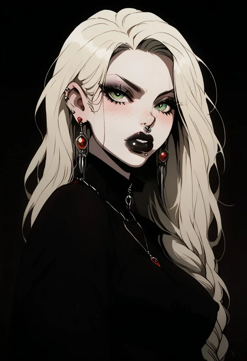 1girl, Kalluto Zoldyck, ((Goth Girl with very pale skin)), black eyeliner , black lips, big breasts, big ass, thick lips, big lips, large lips, bimbo lips, enormous lips, big thighs ,excessive pubic hair, plump, abs, wide hips, thick thighs, huge round ass, puckering lips, pouting face, (((blond hair))), two tone hair,
lip piercings, nose piercings, multiple ear piercings, navel piercings, septum piercing,
score_9, score_8_up, score_7_up, score_6_up, source_cartoon, rating_explicit
The background is a goth style bedroom, lilandavastyle,
perfect slim figure, red earrings, blonde, big ass, long braid, big breast, red high top shoes, blush stickers, makeup eyelids, freckles on the face, green eyes, a strand of long hair above the temples, excessive pubic hair, hairy stomach, hairy armpits, happy trail, skin dentation,
