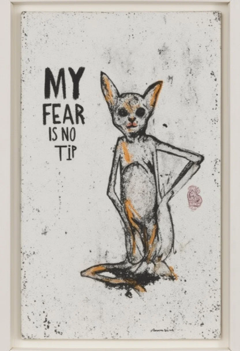 k3c4 style art, framed painting, white rough background,
a very skinny cat,
the bold text reads "my fear is no tip"