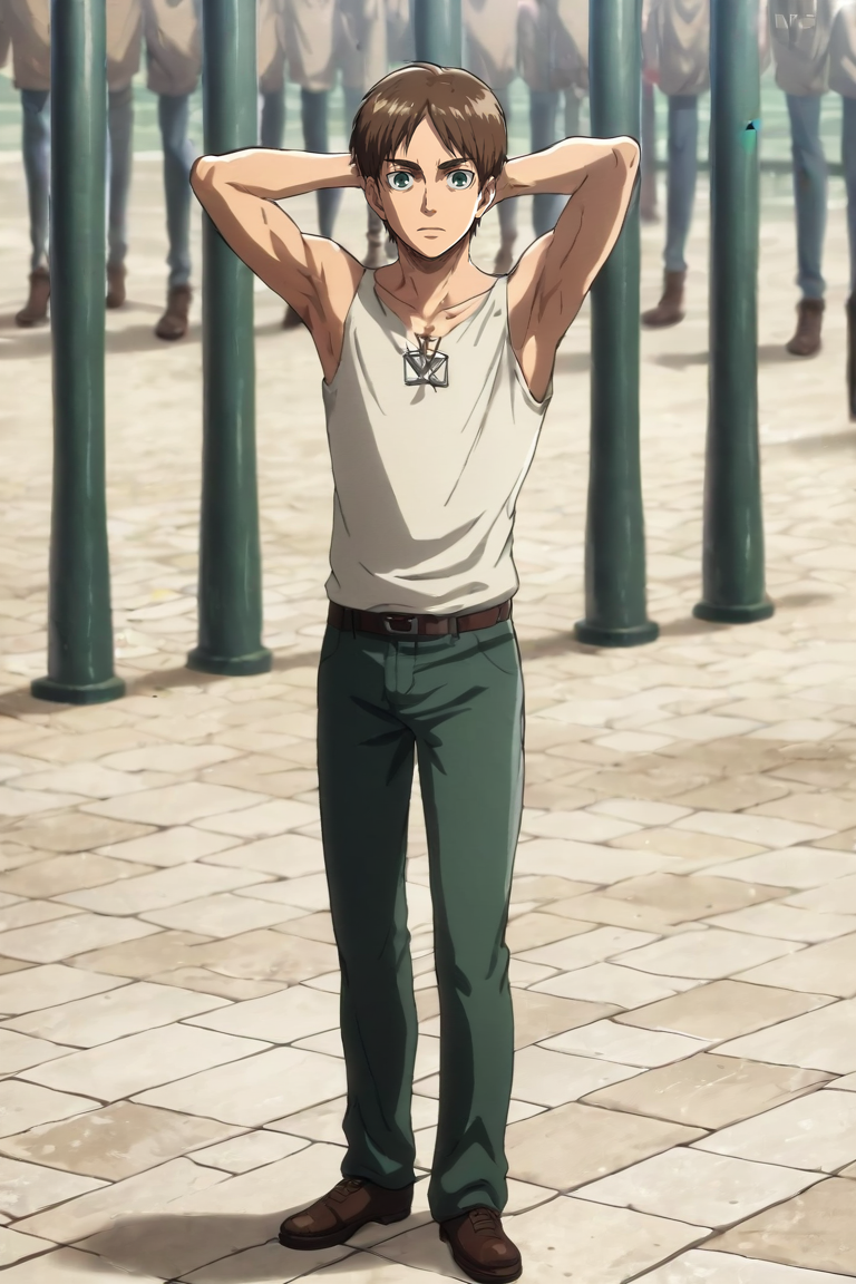 score_9, score_8_up, score_7_up, score_6_up, score_5_up, score_4_up, BREAK source_anime, (best quality:1.1), (masterpiece:1.4), looking at viewer, full body, depth of field, 1boy, solo, male focus, <lora:Eren_Yeager_PonyXL:0.96>, eren_yeager, brown hair, green eyes, , , Leaning back with hands behind head, showing relaxation, <lora:sdxl_lightning_8step_lora:1>