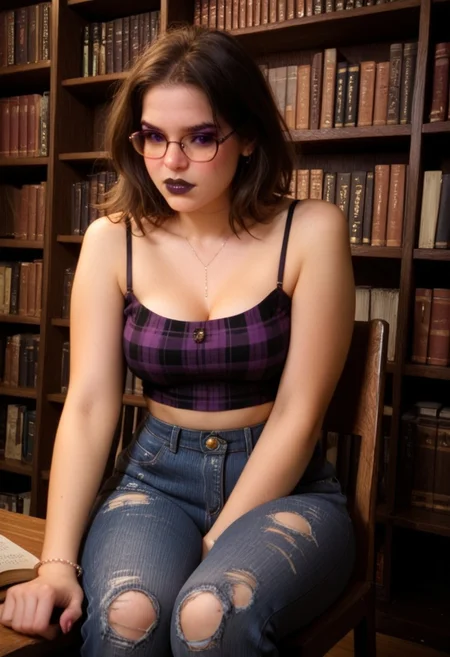 score_9, score_8_up, score_7_up, score_6_up, rating_explicit, amateur, photo, heavy makeup,
Extremely attractive 30 year old woman sitting on a wooden chair, bored, tired expression, sexy thick body, Highly detailed face. Brown eyes, seductive look, looking away. (((purple plaid shirt))), Black spaghetti strap tank top, ripped jeans, pocket chains, gel bracelets, (((purple eyeshadow, black lipstick))), midriff, medium shot, thick nerdy glasses), sexy thighs, thigh focus, large perky breasts. Long brown hair. dynamic sexy pose
BREAK
University library background, book shelves lined with books.
Dramatic angle, unique perspective, unique angle