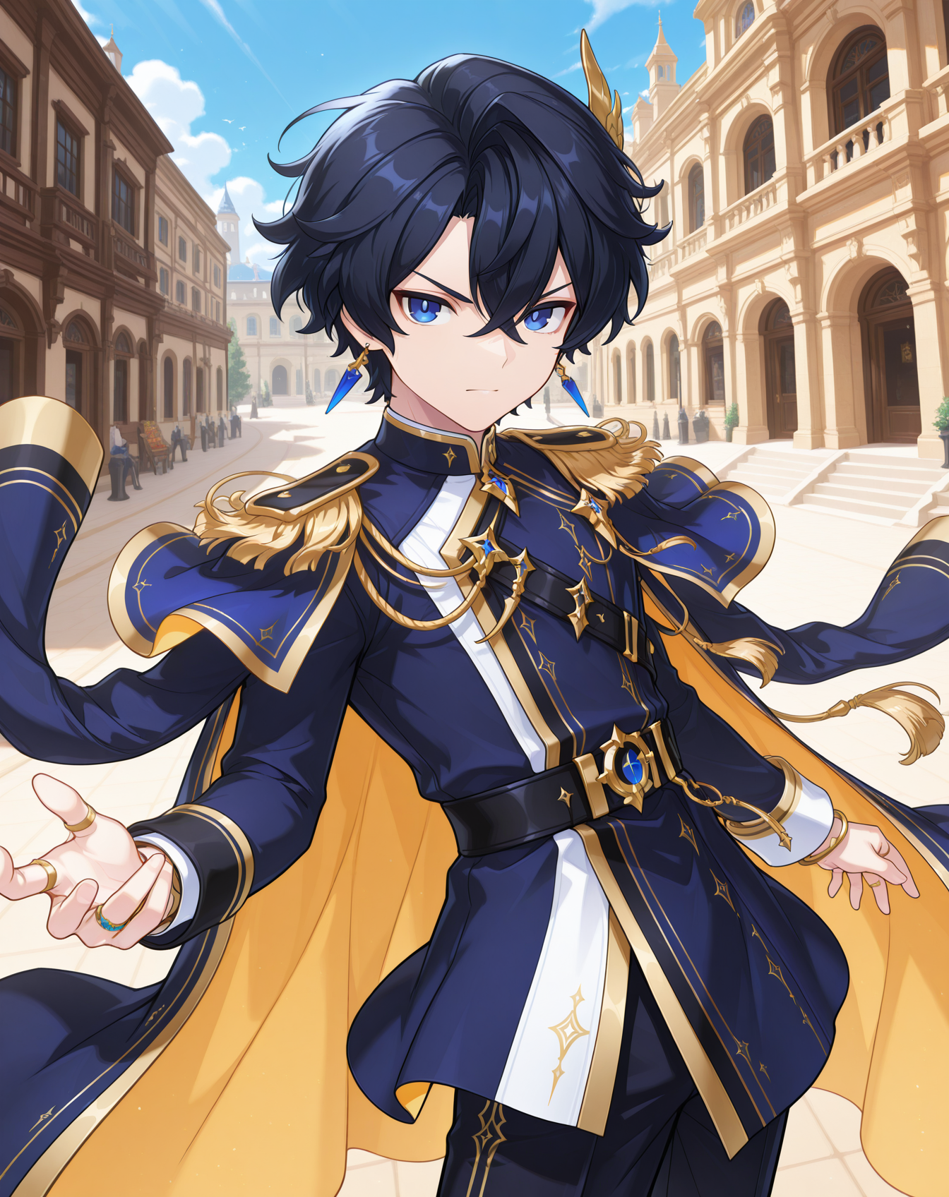 masterpiece, amazing quality, best quality, absurdres, very aesthetic,
1boy, solo, yaoi, male focus, cowboy shot, upper body, looking at viewer, face focus,
<lora:Noah_Celestia_ilxl:1>  noahcl, short hair, black hair, hair between eyes, blue eyes, crossed bangs, v-shaped eyebrows,
gold trim, blue coat, vertical-striped pants, coat on shoulders, blue capelet, patterned clothing, jacket on shoulders, epaulettes, two-sided fabric, blue jacket, long sleeves, black pants, blue pants, idol clothes, white shirt, stole, yellow coat, pinstripe pattern, waist cape, vertical-striped clothes, two-sided coat, blue robe, yellow belt, blue cape, double-breasted, black belt,
black footwear, high heel boots, fold-over boots,
jewelry, wing hair ornament, black sash, aiguillette, earrings, ring, side cape, tassel, bracelet, sleeve cuffs,
outdoors, day, blue sky,