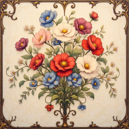 ArsMJStyle, art nouveau,, The image shows a vibrant floral tapestry featuring intertwined roses, poppies, and chrysanthemums, surrounded by curling ivy and delicate tendrils. The background is a soft cream with faint gold accents, enhancing the elegance of the botanical arrangement., no humans, flower, still life, roses, poppies, chrysanthemums, ivy, decorative patterns, traditional media, intricate details, gold accents, ornamental