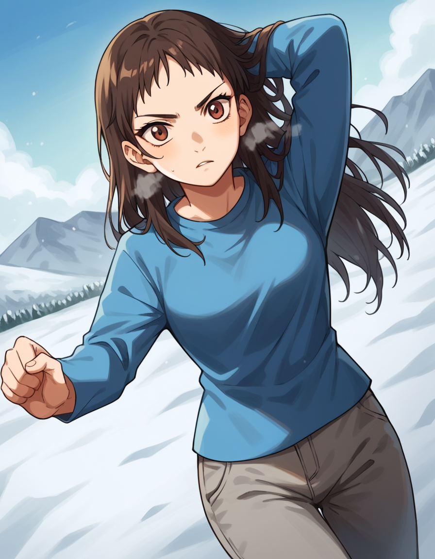 score_9, score_8_up, score_7_up, source_anime, <lora:emi-igawa-s1-ponyxl-lora-nochekaiser:1>,, emi igawa, long hair, brown eyes,, shirt, pants, blue shirt, grey pants, capri pants,, snow day, winter clothes, snowball fight, laughter, cold breath, white landscape, , looking at viewer, hand behind head, solo,, cowboy shot, dutch angle