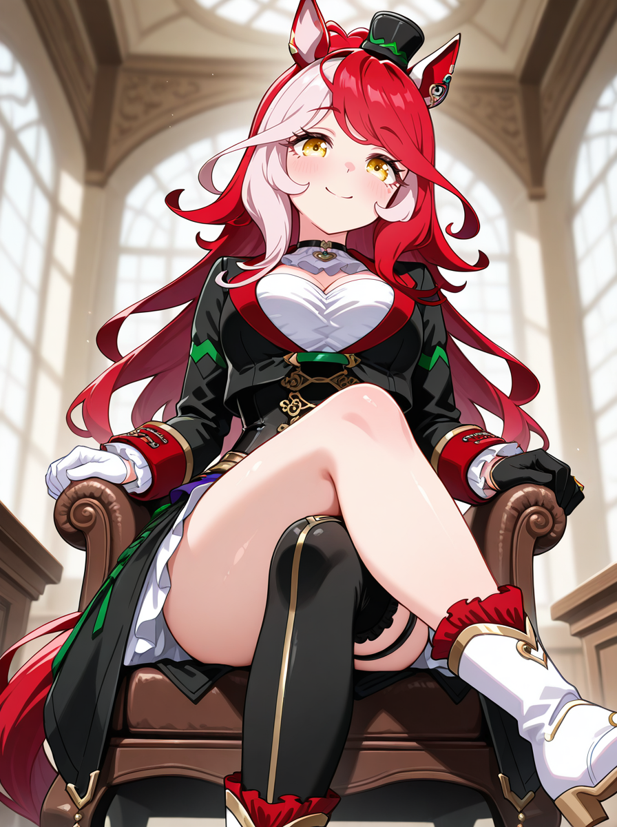 masterpiece, best quality, amazing quality, very aesthetic, absurdres, newest,shiny skin,, anime screenshot,  anime coloring, ,
 <lora:LovesOnlyYou:0.9>1girl, solo, animal ears, horse ears, lovesonlyyouil, yellow eyes, horse girl, gloves, horse tail, , multicolored hair, skirt, red hair gloves smile,  sitting crossed legs,  mismatched legwear, white_boots black_boots