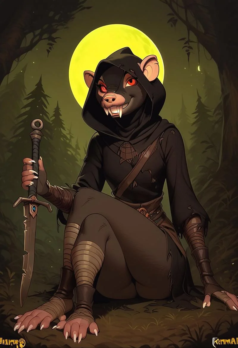 score_9, score_8_up, score_7_up, score_6_up, 1 anthro rat female,  solo, very feminine rat girl, hood, sharp toenails, weapon, holding dagger in hands, black assassin costume, no humans, dark forest background, night time, green moon in sky, seductive smile, glowing red eyes, teeth, disney cartoon style, sitting on the ground on butt, crossed legs, bonfire behind rat
