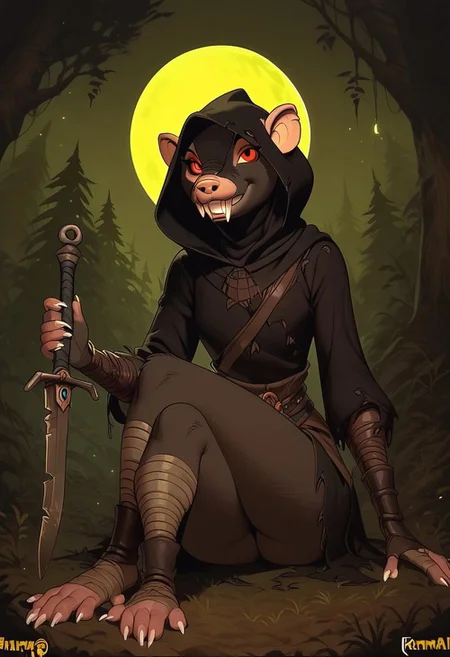 score_9, score_8_up, score_7_up, score_6_up, 1 anthro rat female,  solo, very feminine rat girl, hood, sharp toenails, weapon, holding dagger in hands, black assassin costume, no humans, dark forest background, night time, green moon in sky, seductive smile, glowing red eyes, teeth, disney cartoon style, sitting on the ground on butt, crossed legs, bonfire behind rat