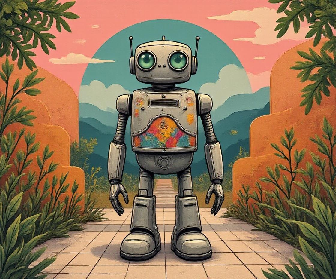 <lora:FolkCartoon.safetensors:1>
**Style/Medium**: The robot figure is crafted from a polished, reflective chrome material, with intricate Baroque flourishes embossed on its surface. The sculpture is adorned with ornate curves, floral motifs, and flowing, asymmetrical designs that evoke the grandeur of Rococo art. The polished surface catches the light, casting dramatic reflections and glints that enhance its luxurious appeal.
**Subject and Background/Location/Setting**: The robot stands in a modern, minimalist garden, its polished form a striking contrast against clean, geometric lines of the surrounding space. The vibrant, jewel-toned background features deep pink, teal, and amber hues, with subtle gradients and translucent textures that add depth and brightness. The robot's oversized green eyes and expressive hands are accentuated by the dramatic lighting, which highlights its glossy finish and intricate details. Elegant, leafy greenery frames the scene, balancing the extravagance with a touch of natural elegance. The robot's hand-knitted, multi-colored wool body, now transformed into a vivid, jewel-toned mosaic of translucent materials, adds a playful yet sophisticated touch, making it a perfect blend of baroque sophistication and contemporary glamour.