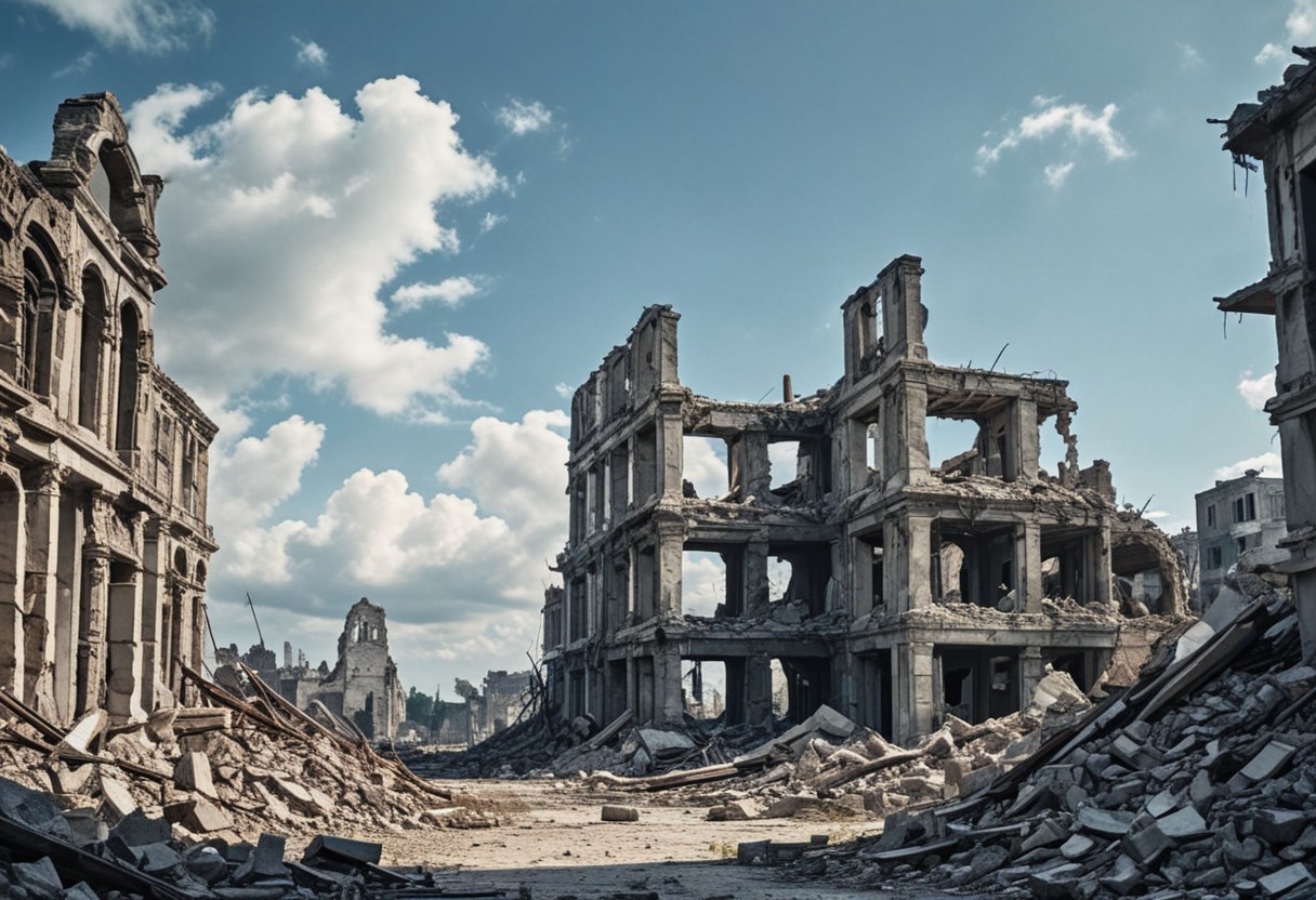 ruins, no humans, sky, scenery, cloud, outdoors, day, rubble, blue sky, post-apocalypse, STX&ChrisBFWT