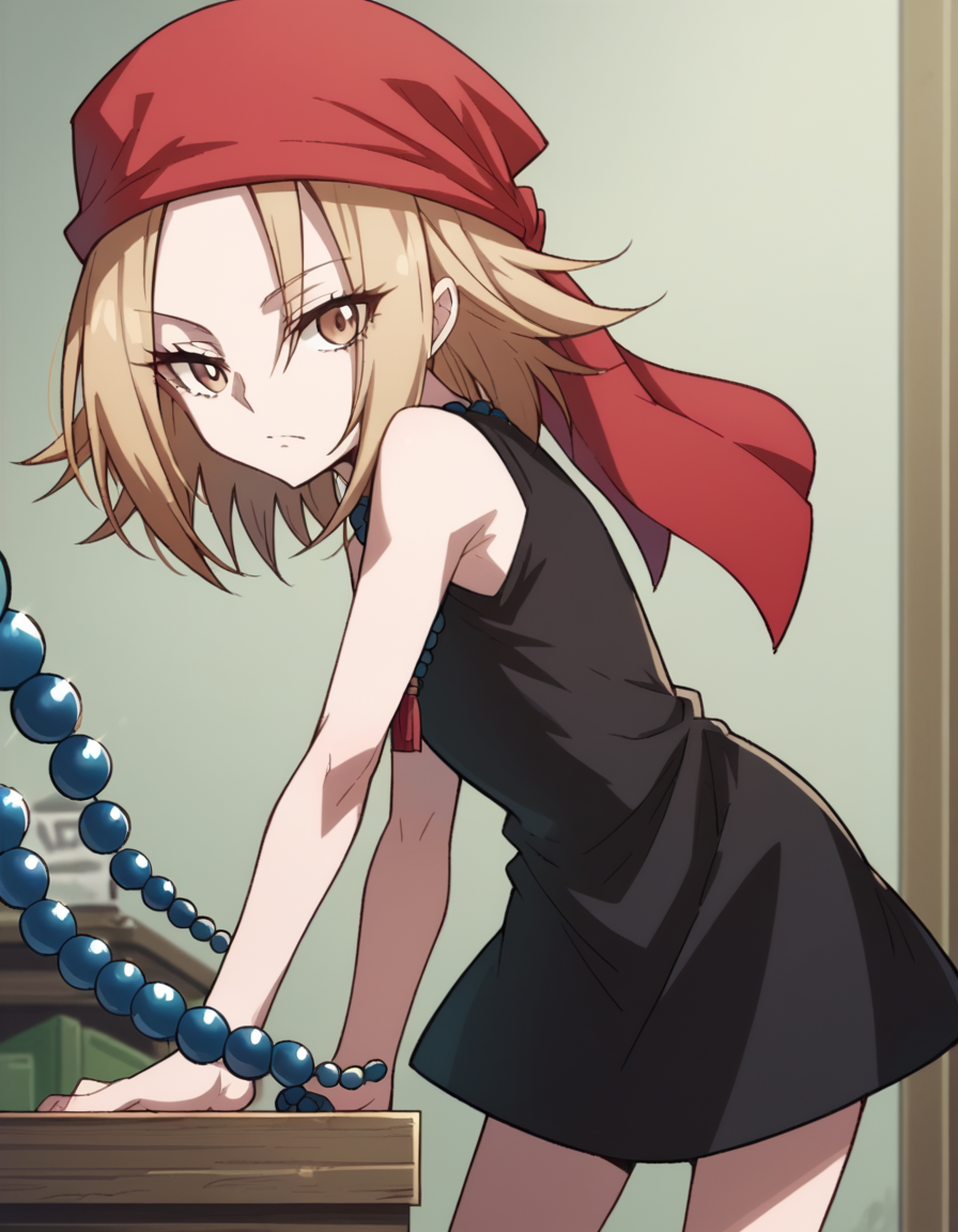 score_9, score_8_up, score_7_up, source_anime,
annakyouyama, <lora:anna-kyouyama-2021-s1-ponyxl-lora-nochekaiser:1>,
anna kyouyama, blonde hair, short hair, brown eyes,
bandana, beads, black dress, dress, prayer beads,
indoors, bent over,
looking at viewer, cowboy shot, solo, dutch angle