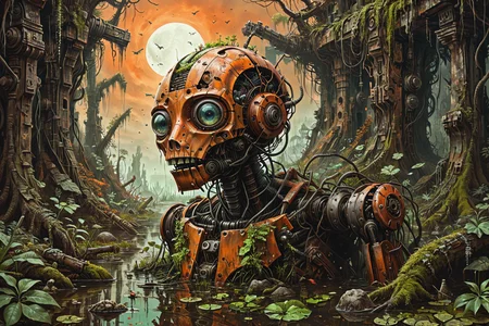 a vivid scifi illustration of fantastical surreal broken rusted and overgrown war robot drowned in a swamp, destroyed weapons, machinery, moss, leaves, trees, jungle, dark-orange sky,
 <lora:Dystopia:0.25> <lora:The_Crazy_Style:0.3> 
 <lora:linquivera:0.7> linquivera
 <lora:illusionix:1>  illusion