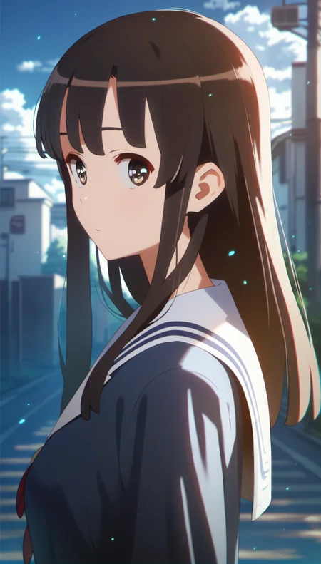 score_9,score_8_up,score_7_up,
<lora:megumikato:1>,
katomegumi,
1girl,solo,black hair,bangs,long hair,
brown eyes,looking at viewer,blue school uniform,long sleeves,portrait,from side,
blurry background,outdoors,bloom,blue sky,cloud,light particles,lens flare,street,