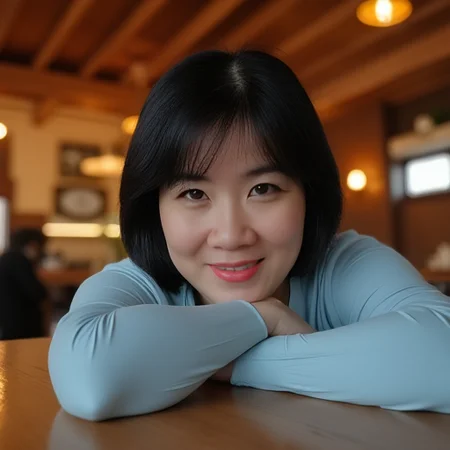 ho_va_sk19. Portrait of a woman with bob cut black hair, wearing a light blue shirt, leaning forward on a wooden table, resting her chin on one hand. Her expression is soft and relaxed, with a subtle smile. The background is a warmly lit indoor space with wooden ceiling beams, creating a cozy and intimate atmosphere